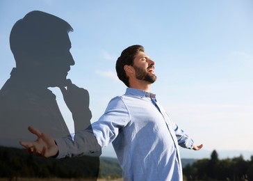 Image of Happy man against sky, double exposure with silhouette of pensive person. Changes in mental health due to help of psychologist