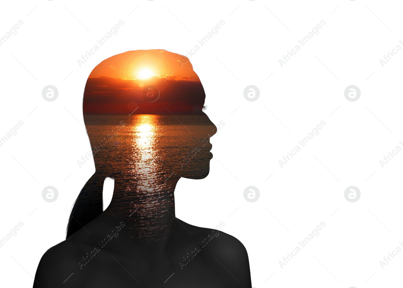 Mental health. Silhouette of woman with seascape at sunset inside on white background Image of Mental health. Silhouette of woman with seascape at sunset inside on white background