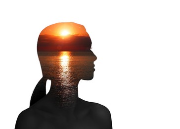 Image of Mental health. Silhouette of woman with seascape at sunset inside on white background
