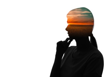 Image of Mental health. Silhouette of woman with landscape at sunrise inside on white background