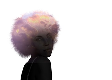 Image of Mental health. Silhouette of woman with sunrise sky inside on white background