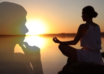 Image of Woman meditating near river at sunrise, double exposure with silhouette of pensive girl. Changes in mental health due to help of psychologist