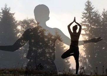 Image of Mental health. Woman practicing yoga outdoors at sunrise, double exposure with silhouette of girl