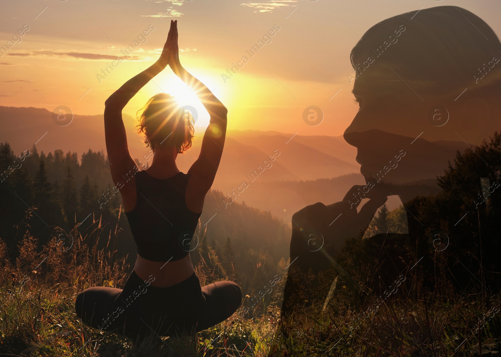Woman practicing yoga in mountains at sunrise, double exposure with silhouette of pensive girl. Changes in mental health due to help of psychologist Image of Woman practicing yoga in mountains at sunrise, double exposure with silhouette of pensive girl. Changes in mental health due to help of psychologist