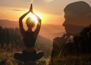 Image of Woman practicing yoga in mountains at sunrise, double exposure with silhouette of pensive girl. Changes in mental health due to help of psychologist