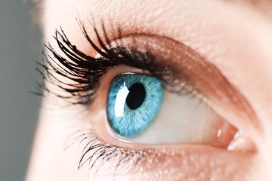 Image of Closeup view of woman with blue eyes on grey background