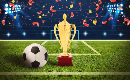 Image of Football championship. Shiny golden trophy cup and soccer ball under falling confetti on stadium, banner design