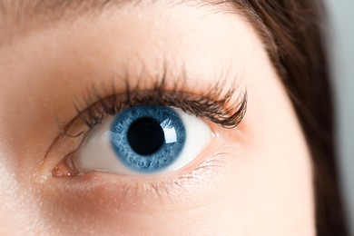 Image of Closeup view of woman with blue eyes on grey background
