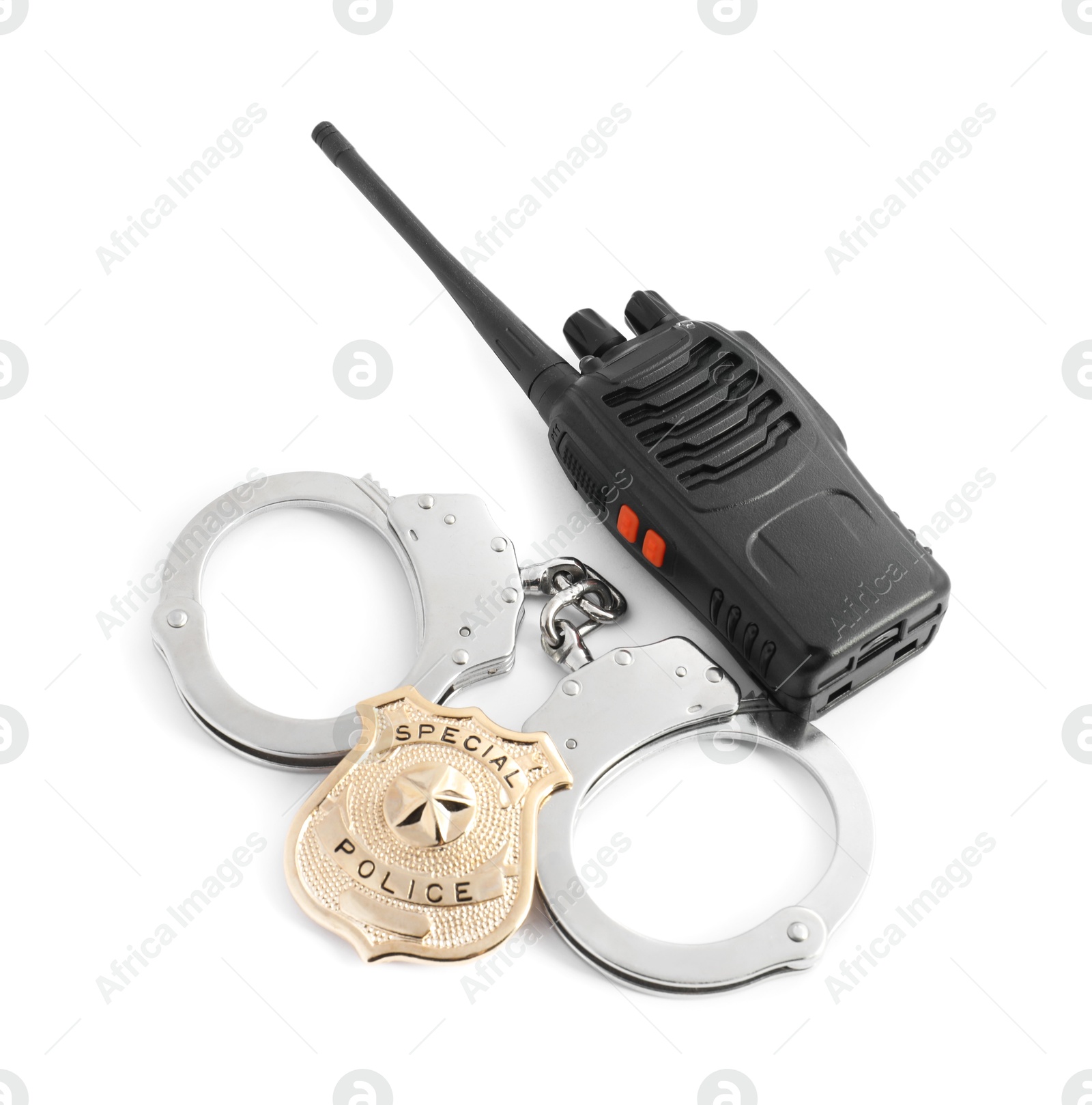 Police badge, handcuffs and walkie talkie on white background, above view Photo of Police badge, handcuffs and walkie talkie on white background, above view