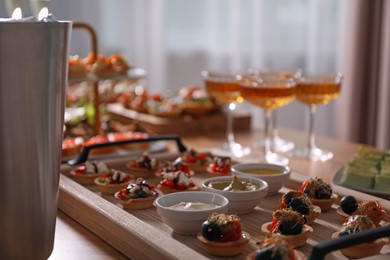 Photo of Buffet menu. Many different appetizers on table, closeup