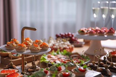 Photo of Buffet menu. Many different appetizers on table, closeup
