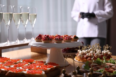 Photo of Buffet menu. Many different appetizers on table, closeup