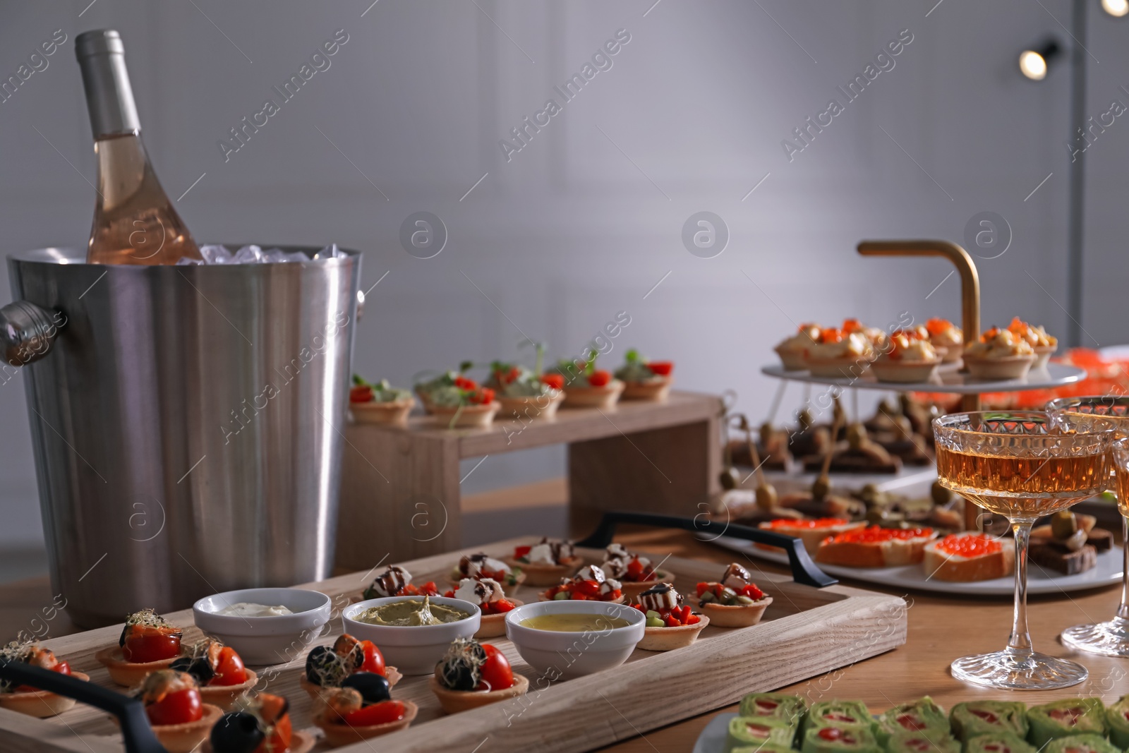Buffet menu. Many different appetizers on table, closeup Photo of Buffet menu. Many different appetizers on table, closeup