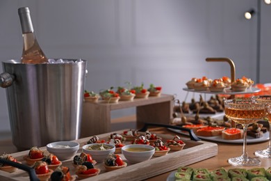 Photo of Buffet menu. Many different appetizers on table, closeup
