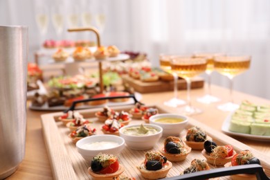 Photo of Buffet menu. Many different appetizers on table, closeup