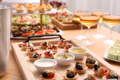 Photo of Buffet menu. Many different appetizers on table, closeup