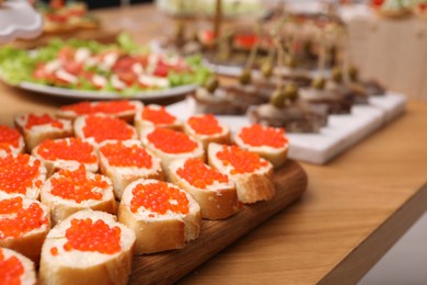 Photo of Buffet menu. Many different appetizers on table, closeup