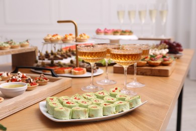 Photo of Buffet menu. Many different appetizers on table, closeup
