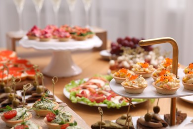 Photo of Buffet menu. Many different appetizers on table, closeup