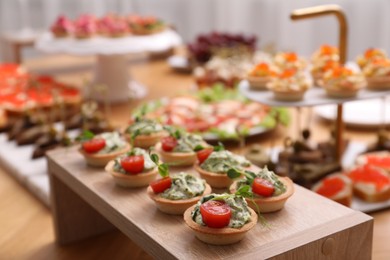 Photo of Buffet menu. Many different appetizers on table, closeup