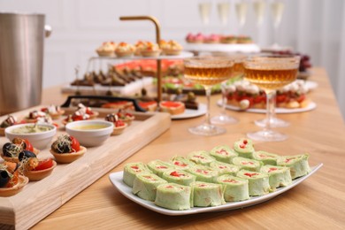 Photo of Buffet menu. Many different appetizers on table, closeup