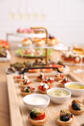 Photo of Buffet menu. Many different appetizers on table, closeup