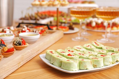 Photo of Buffet menu. Many different appetizers on table, closeup