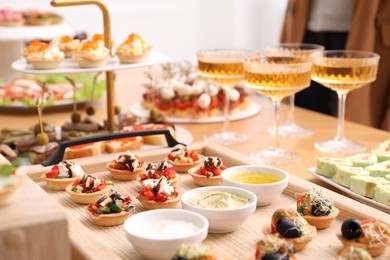 Photo of Buffet menu. Many different appetizers on table, closeup