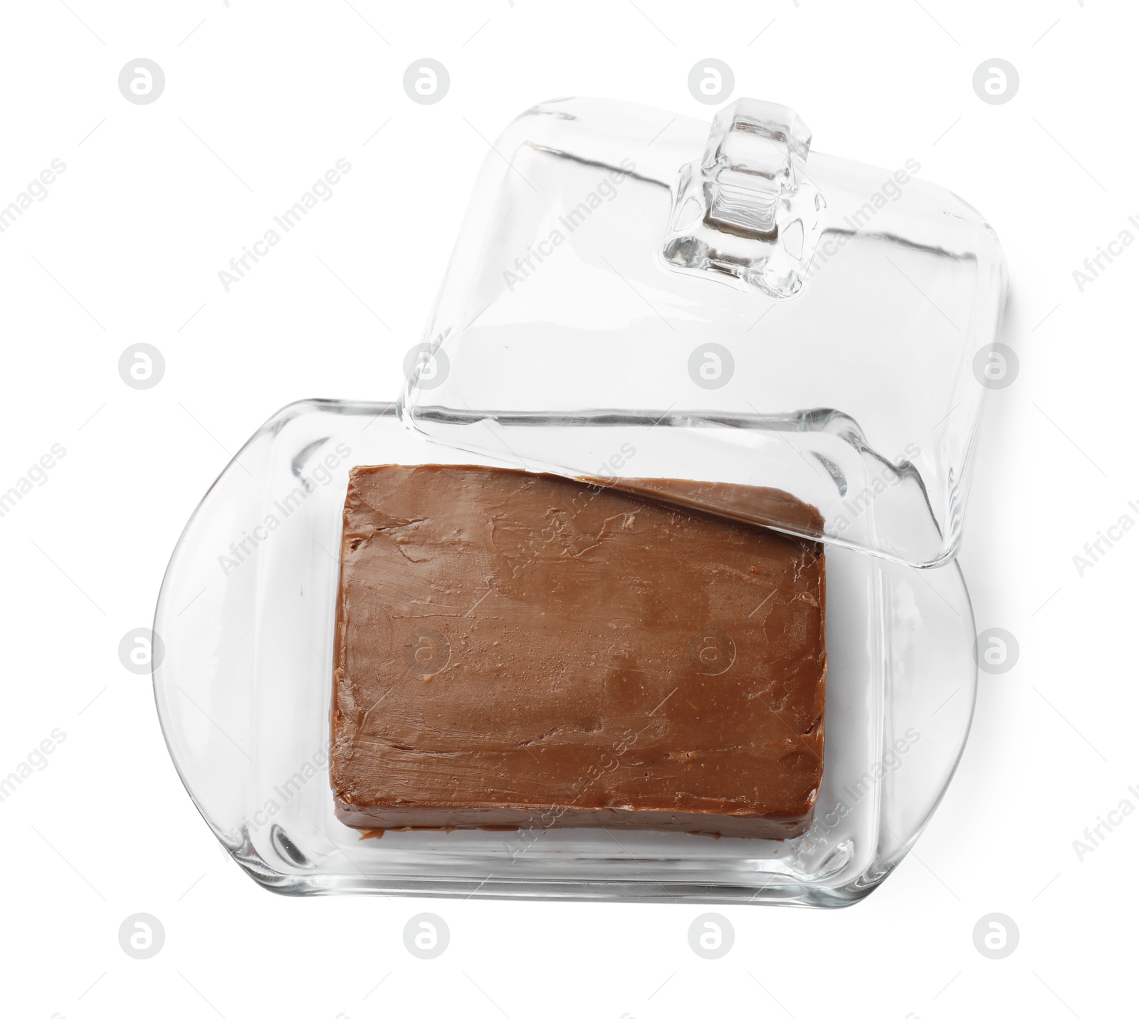 Block of tasty chocolate butter in glass keeper isolated on white, top view Photo of Block of tasty chocolate butter in glass keeper isolated on white, top view