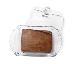 Photo of Block of tasty chocolate butter in glass keeper isolated on white, top view