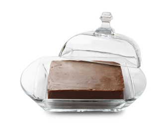 Photo of Block of tasty chocolate butter in glass keeper isolated on white