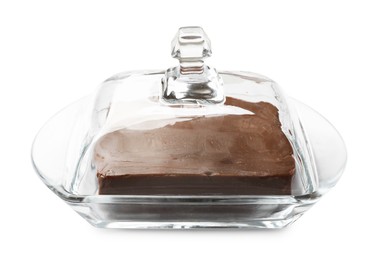 Photo of Block of tasty chocolate butter in glass keeper isolated on white