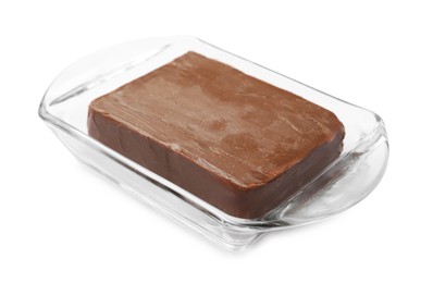 Photo of Block of tasty chocolate butter in glass keeper isolated on white