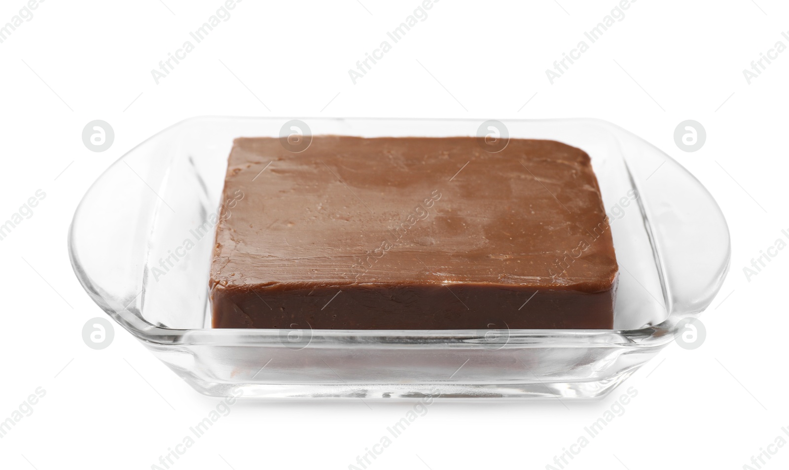 Block of tasty chocolate butter in glass keeper isolated on white Photo of Block of tasty chocolate butter in glass keeper isolated on white