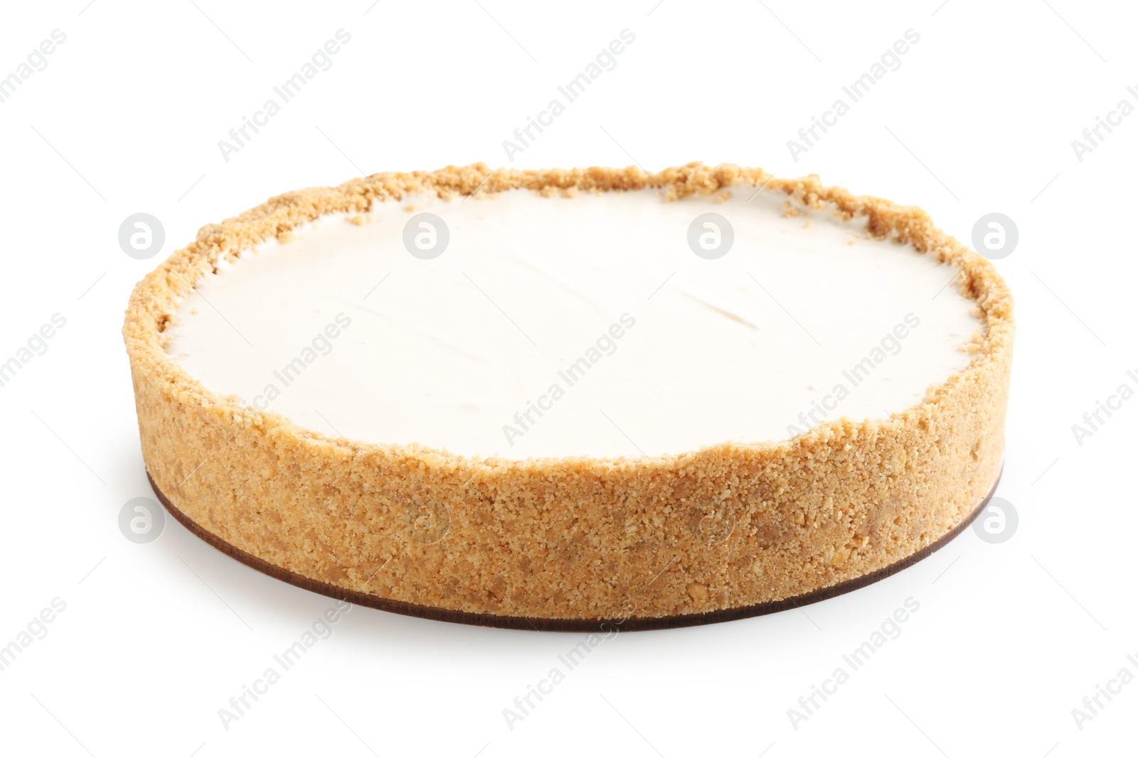 Photo of One freshly baked cheesecake isolated on white