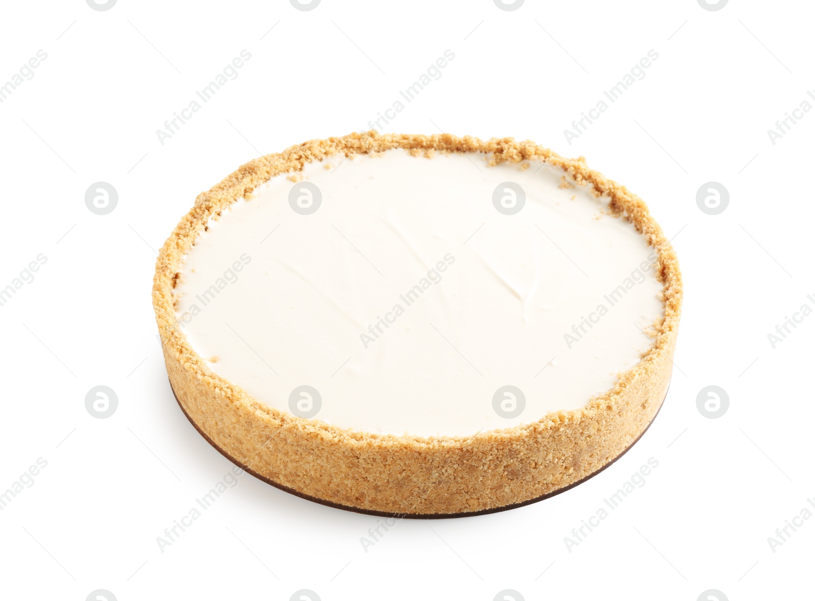 Photo of One freshly baked cheesecake isolated on white