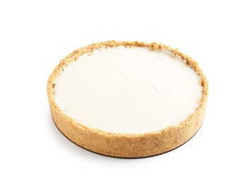 Photo of One freshly baked cheesecake isolated on white