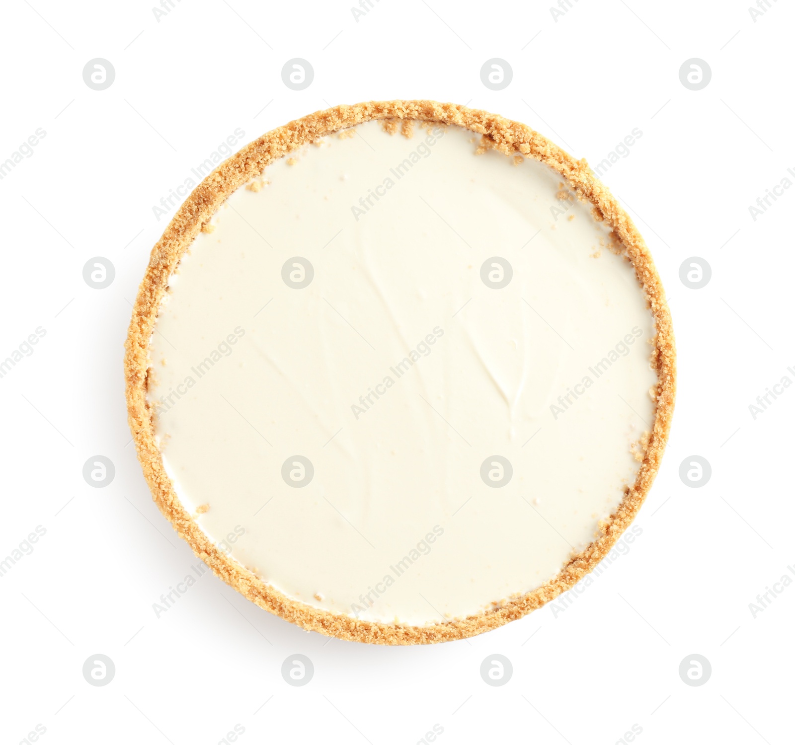 Photo of One tasty cheesecake isolated on white, top view