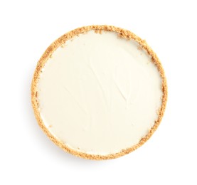Photo of One tasty cheesecake isolated on white, top view