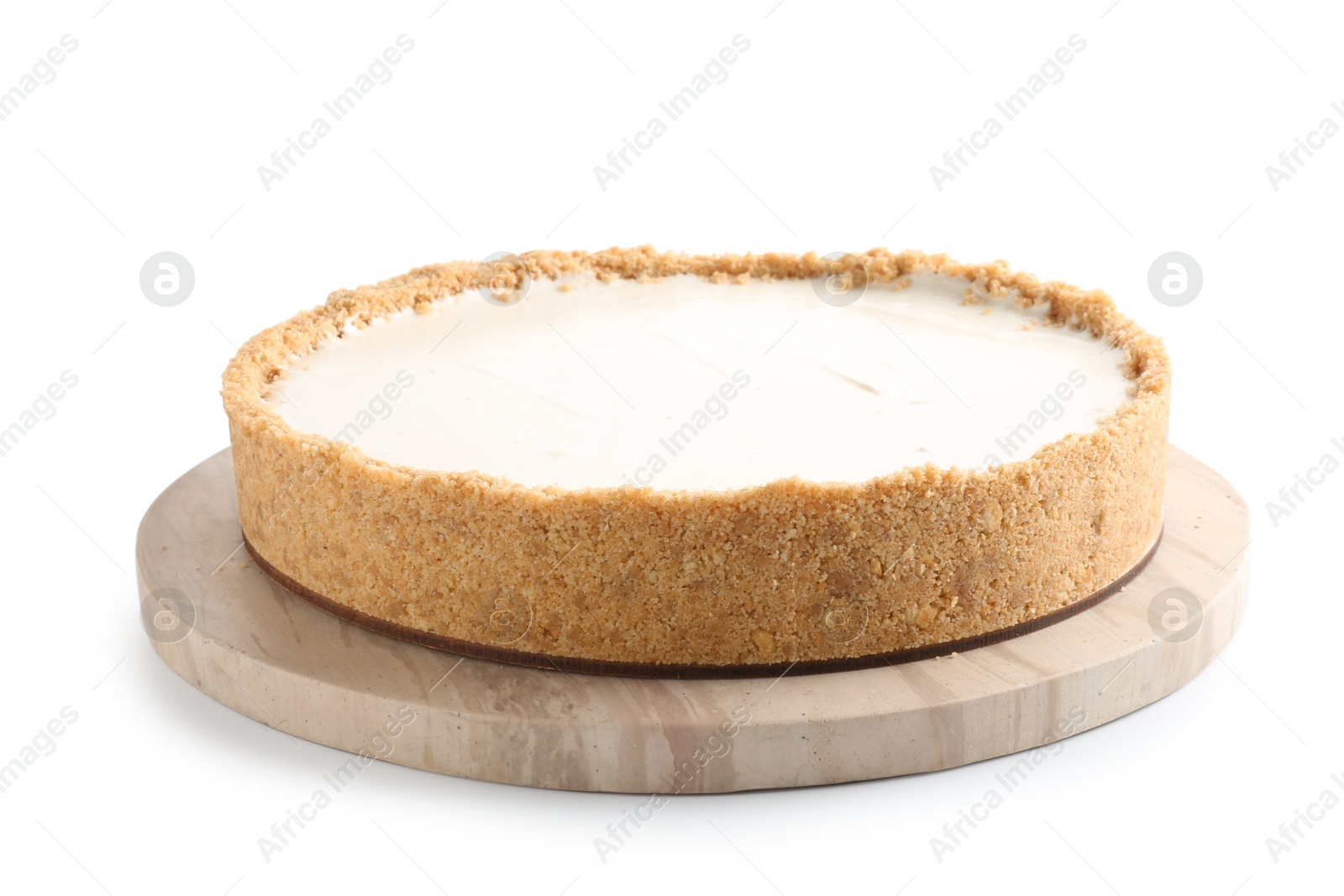 Photo of One freshly baked cheesecake isolated on white