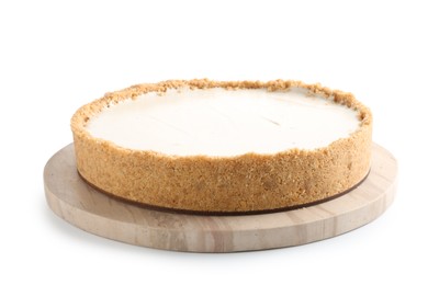 Photo of One freshly baked cheesecake isolated on white