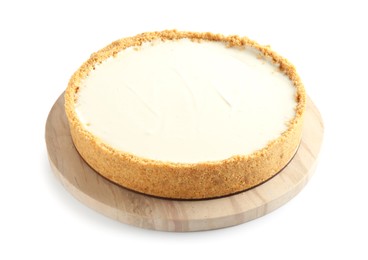 Photo of One freshly baked cheesecake isolated on white