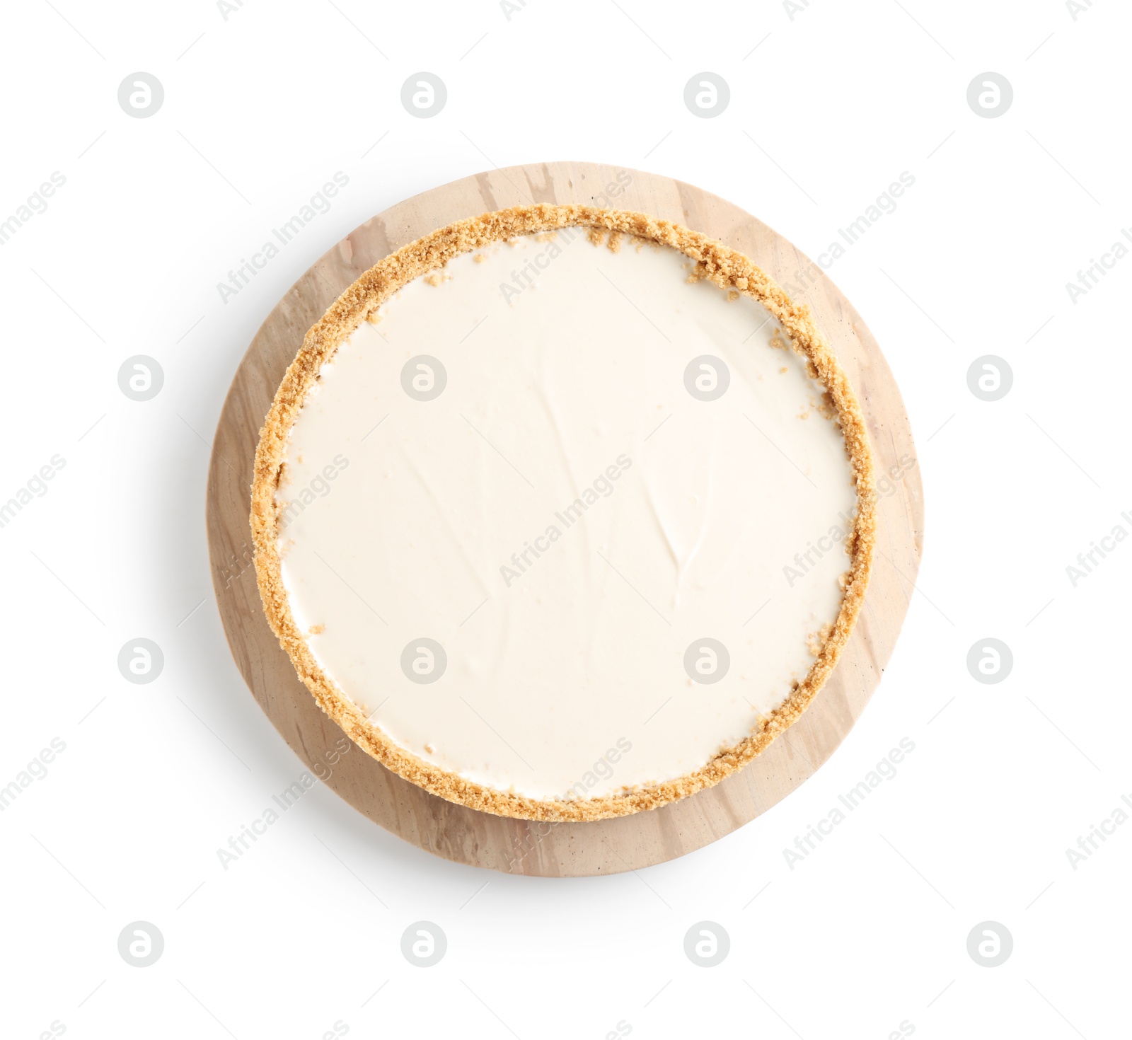 Photo of One tasty cheesecake isolated on white, top view