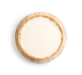 Photo of One tasty cheesecake isolated on white, top view