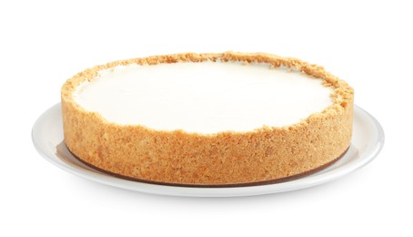 Photo of One freshly baked cheesecake isolated on white
