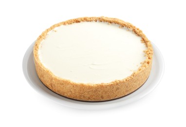 Photo of One freshly baked cheesecake isolated on white