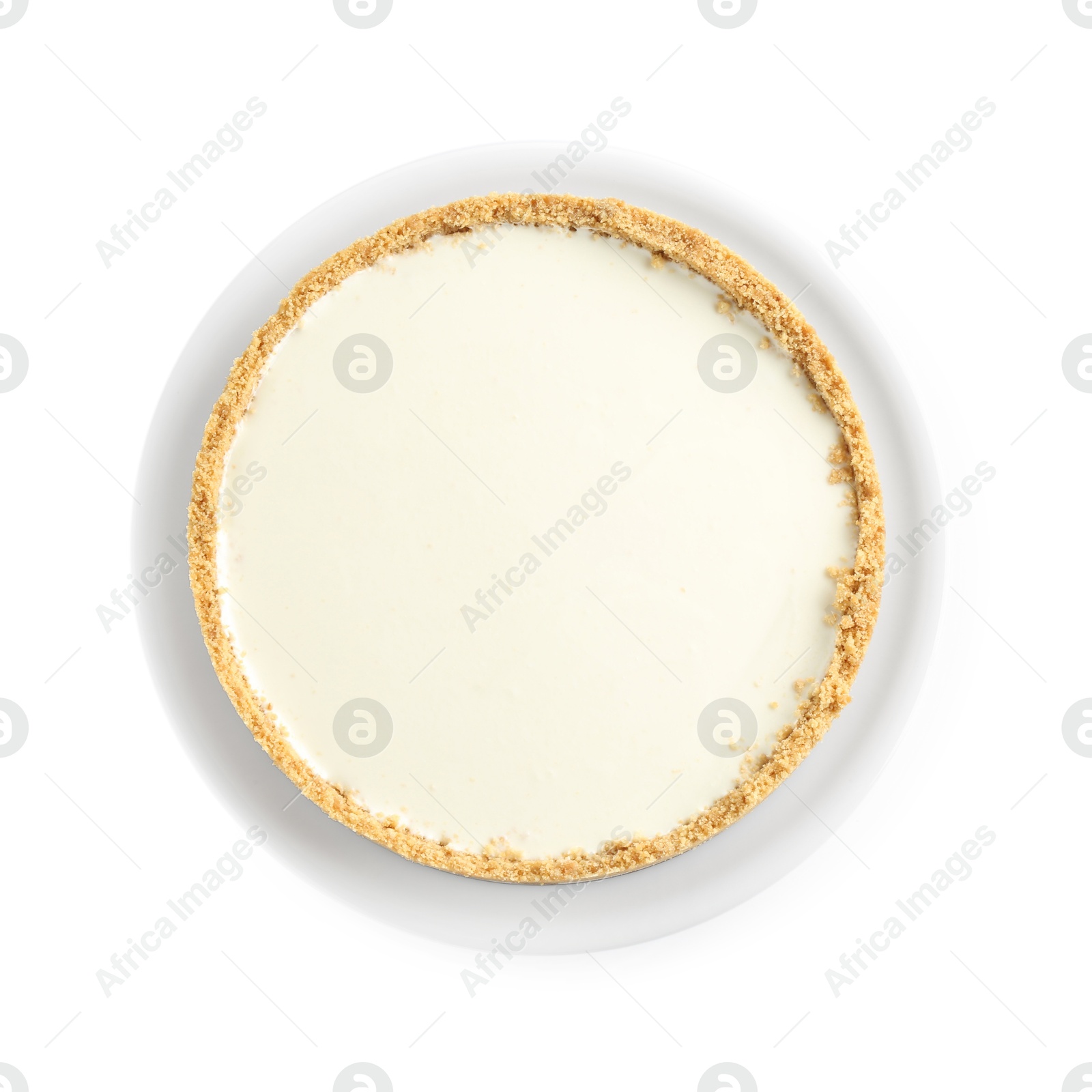 Photo of One tasty cheesecake isolated on white, top view