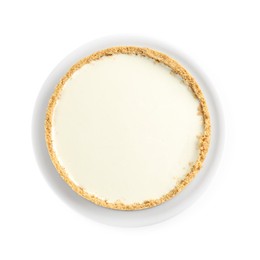 Photo of One tasty cheesecake isolated on white, top view