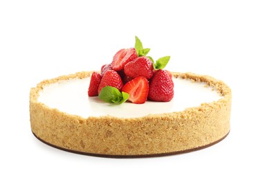 Photo of Tasty cheesecake with strawberries and mint isolated on white