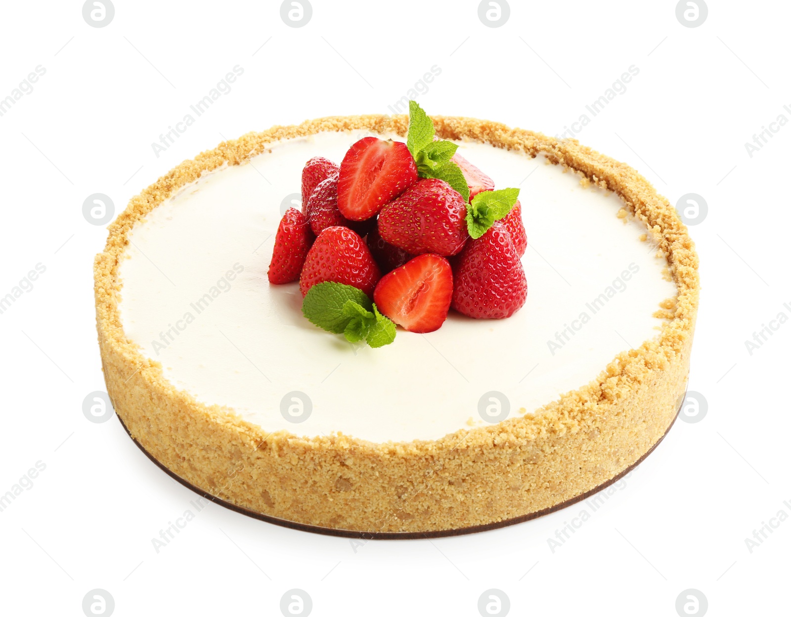 Photo of Tasty cheesecake with strawberries and mint isolated on white